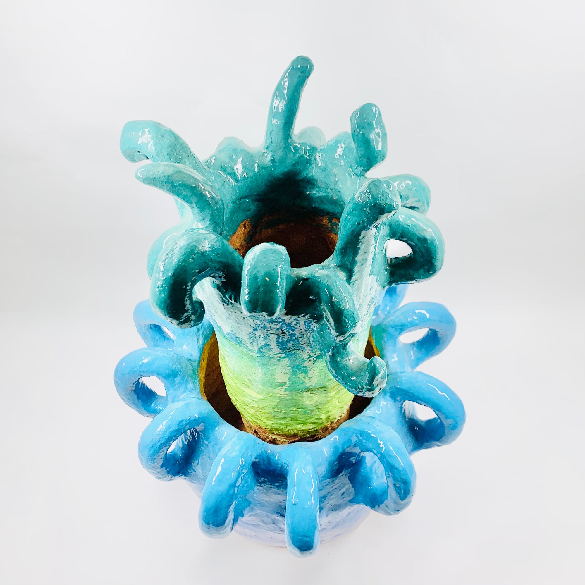 One off 1980s experimental studio abstract green blue pottery vase