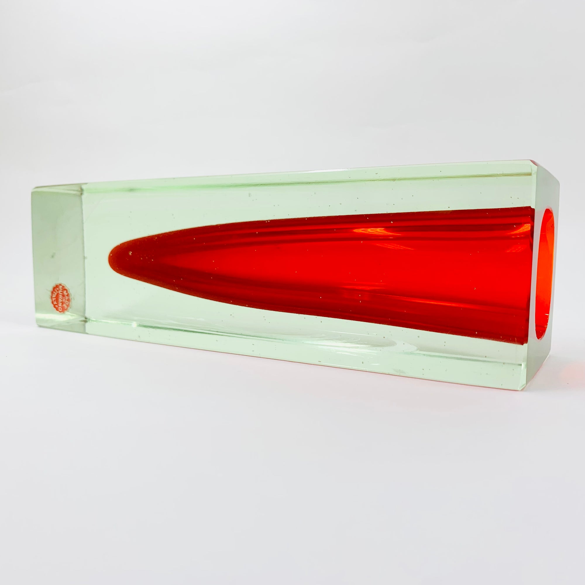 Large MCM red cased green Murano sommerso glass block vase by Mandruzatto
