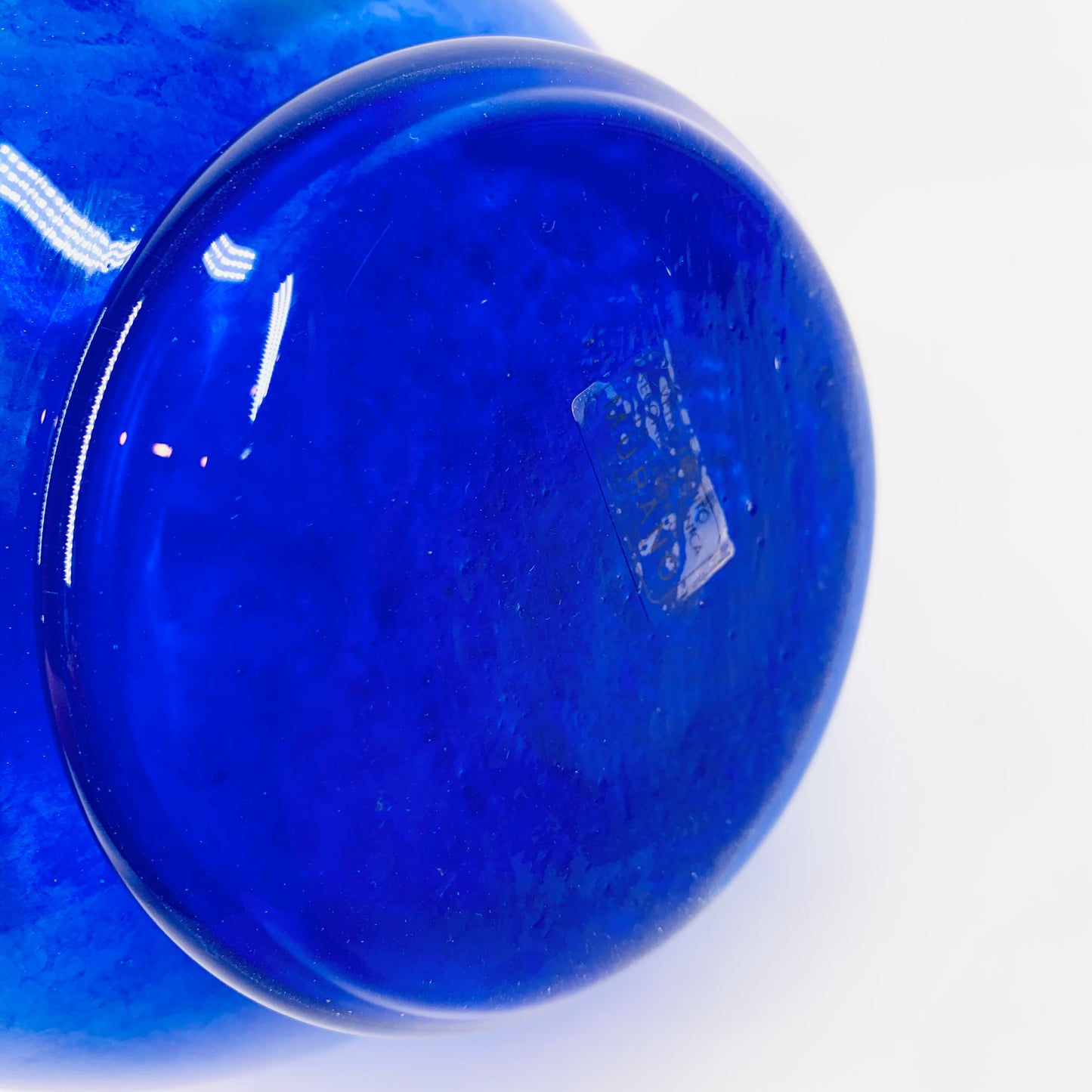 1980s hand made Murano blue art glass vase with millefiori and ruffle rim