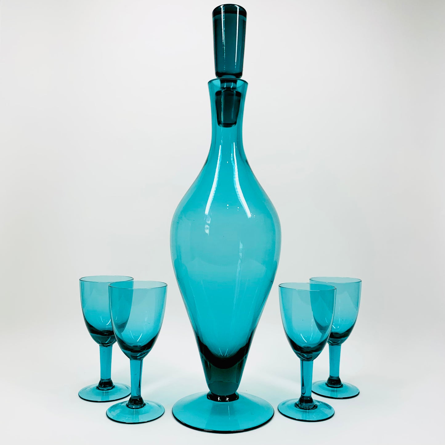 Midcentury Scandinavian turquoise glass decanter set with matching glasses