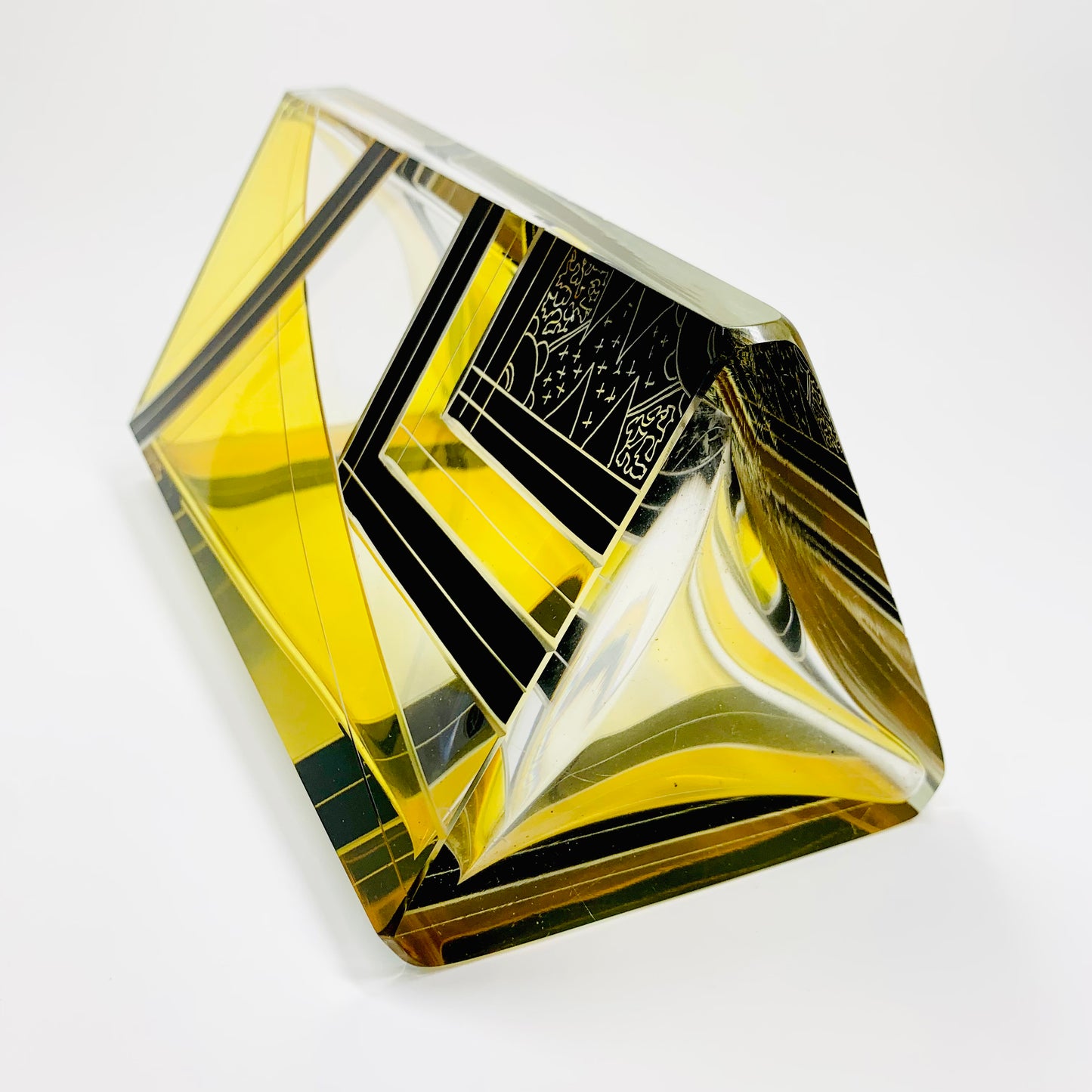 Antique Art Deco gold and black enamel triangular glass vase by Karl Palda