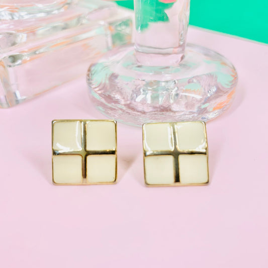 1970s Italian triple gold plated white square enamel stud earrings