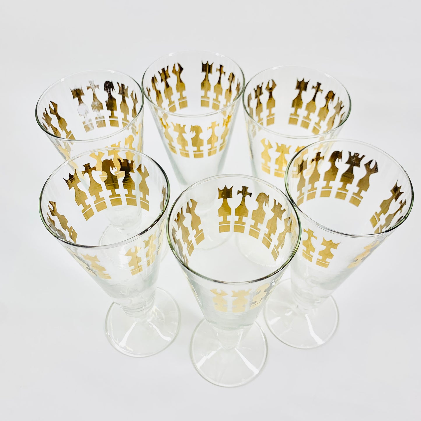 Extremely rare 1940s gold gilding clear glass champagne flutes with chess pattern