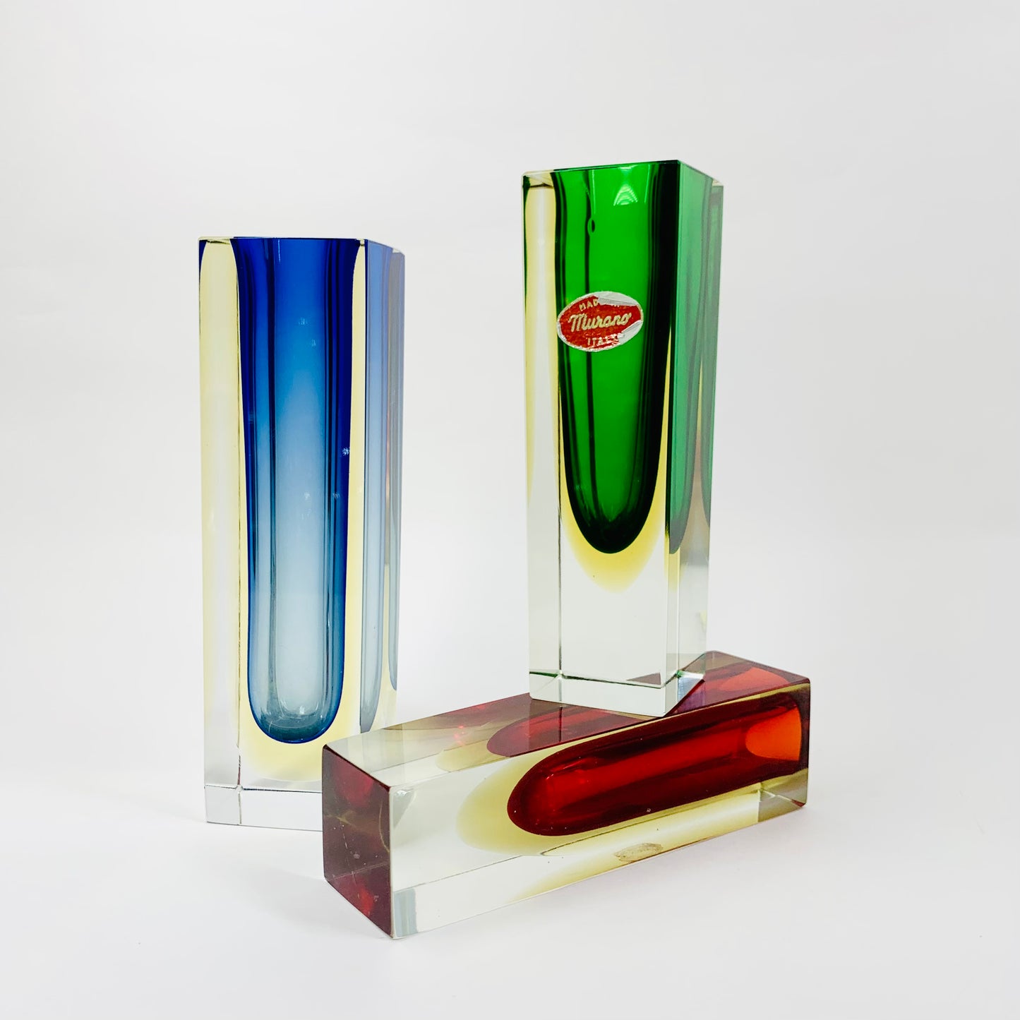 MCM blue gradient & yellow Murano sommerso glass block vase by Mandruzatto