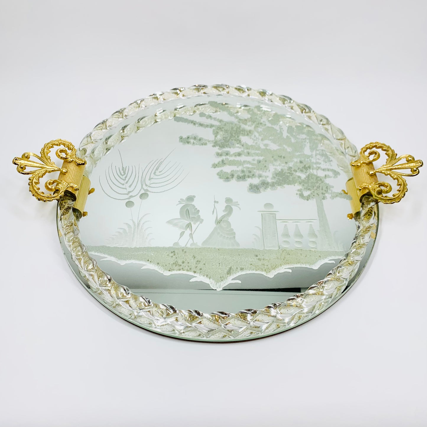 1940s hand etched mirror tray with gold aventurine rope border