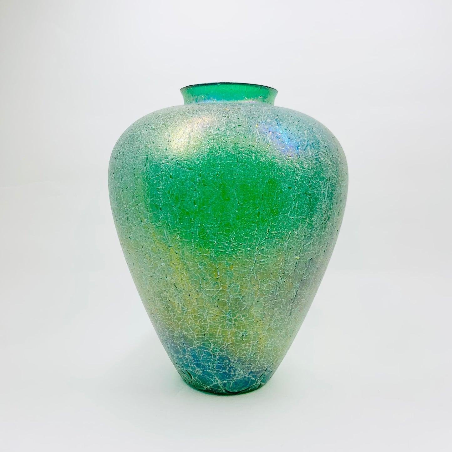 Large antique Art Nouveau Kralik hand made peacock iridescent crackle glass vase