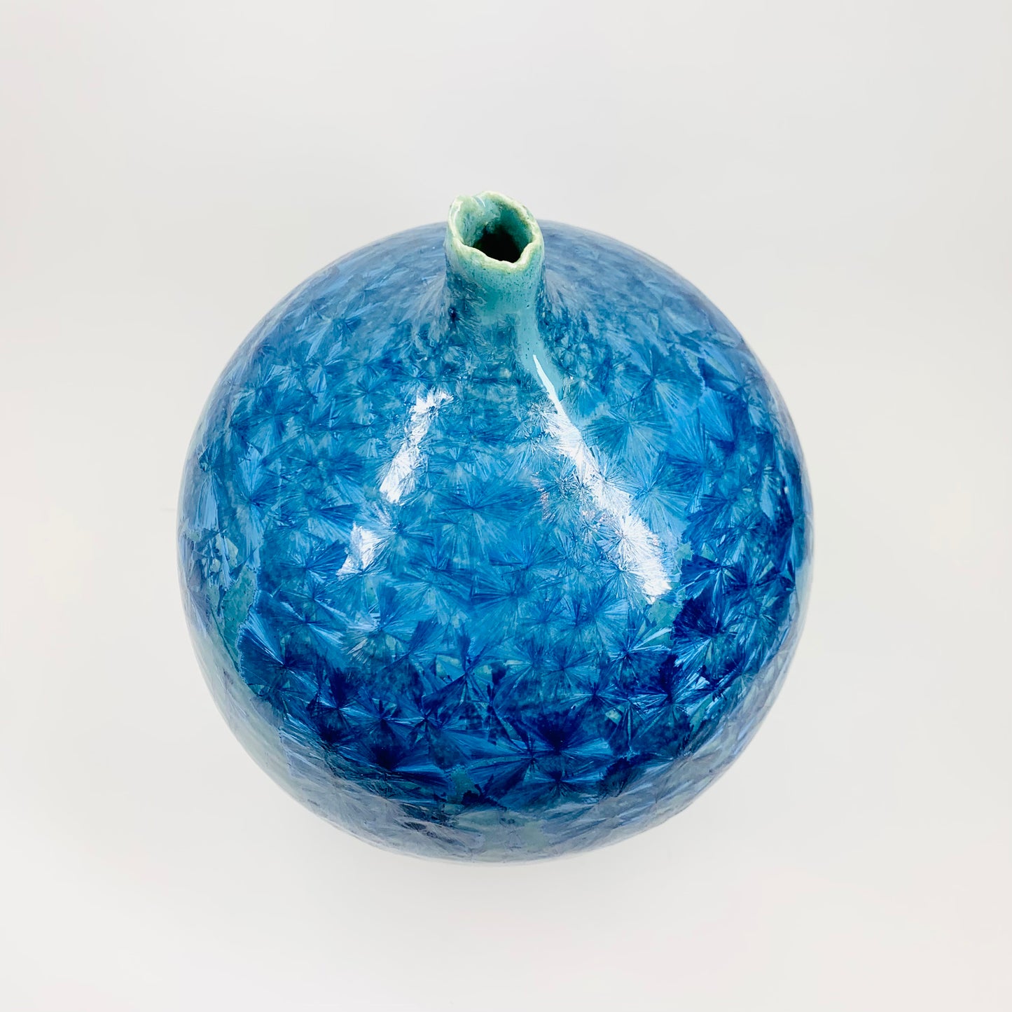 Retro hand made Australian turquoise blue gradient crystalline pottery bottle vase