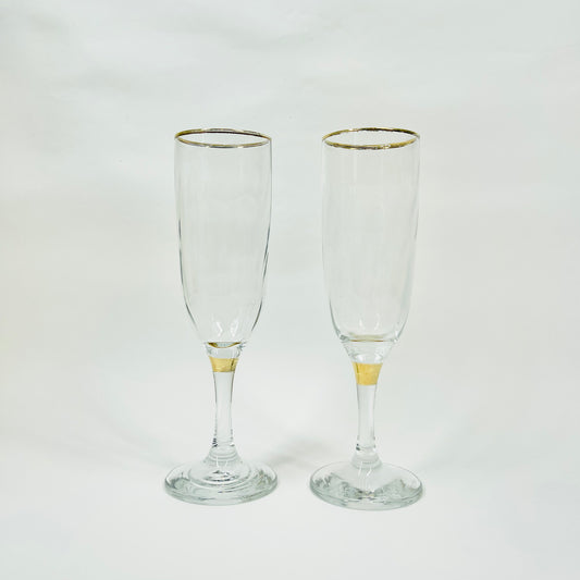 Midcentury Bohemian clear glass champagne flutes with gold gilding