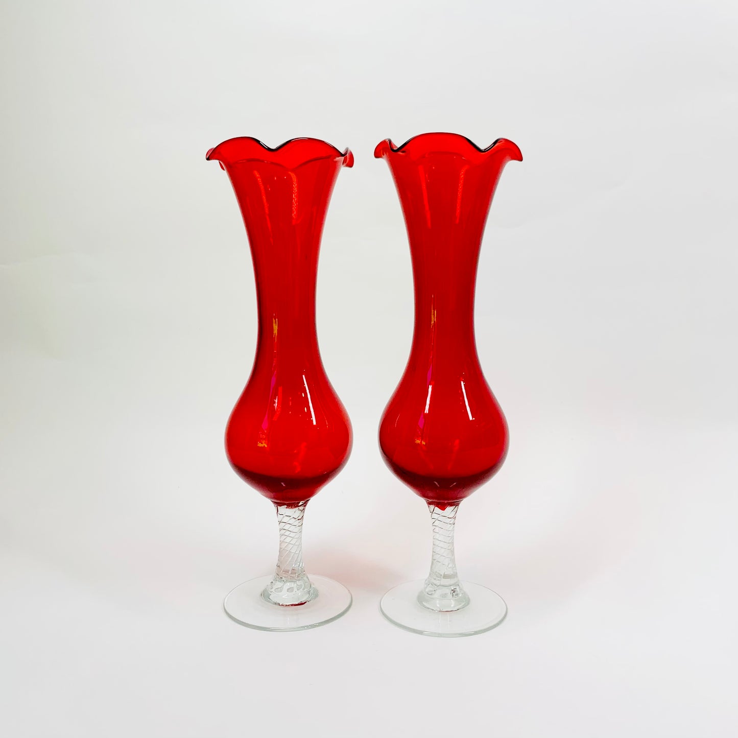 Midcentury Italian red glass footed bud vase with ruffle rim