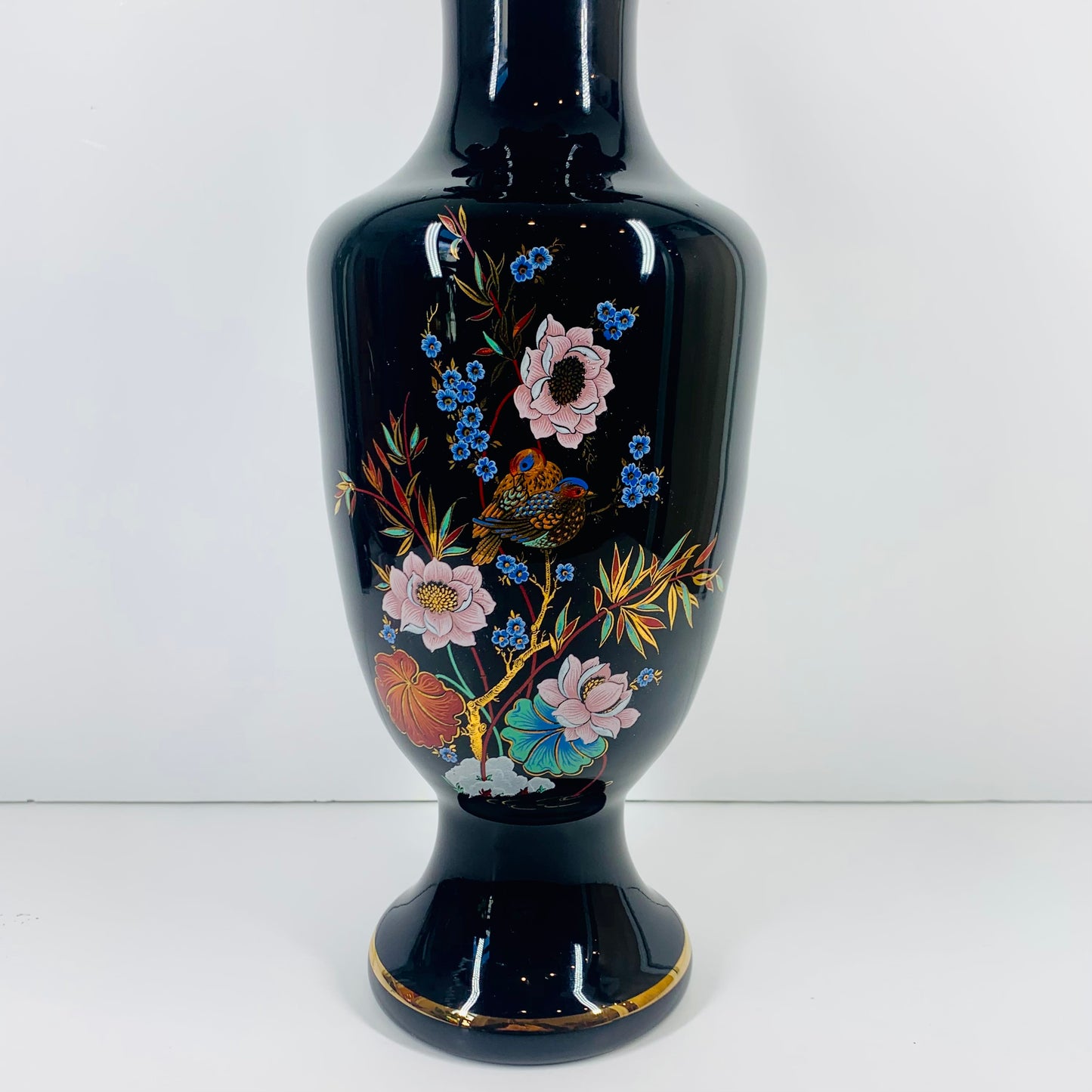 Vintage hand painted Murano black glass vase with ruffle rim