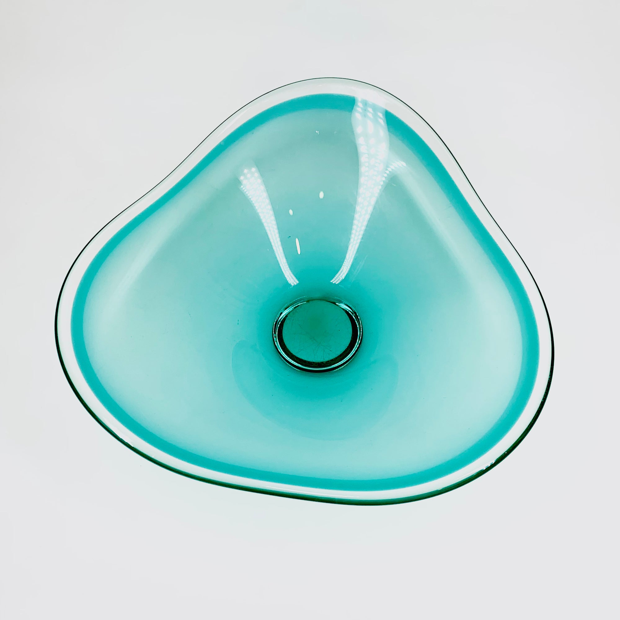 Extremely rare large MCM cased turquoise ombré glass Coquille bowl by Paul Kedelv