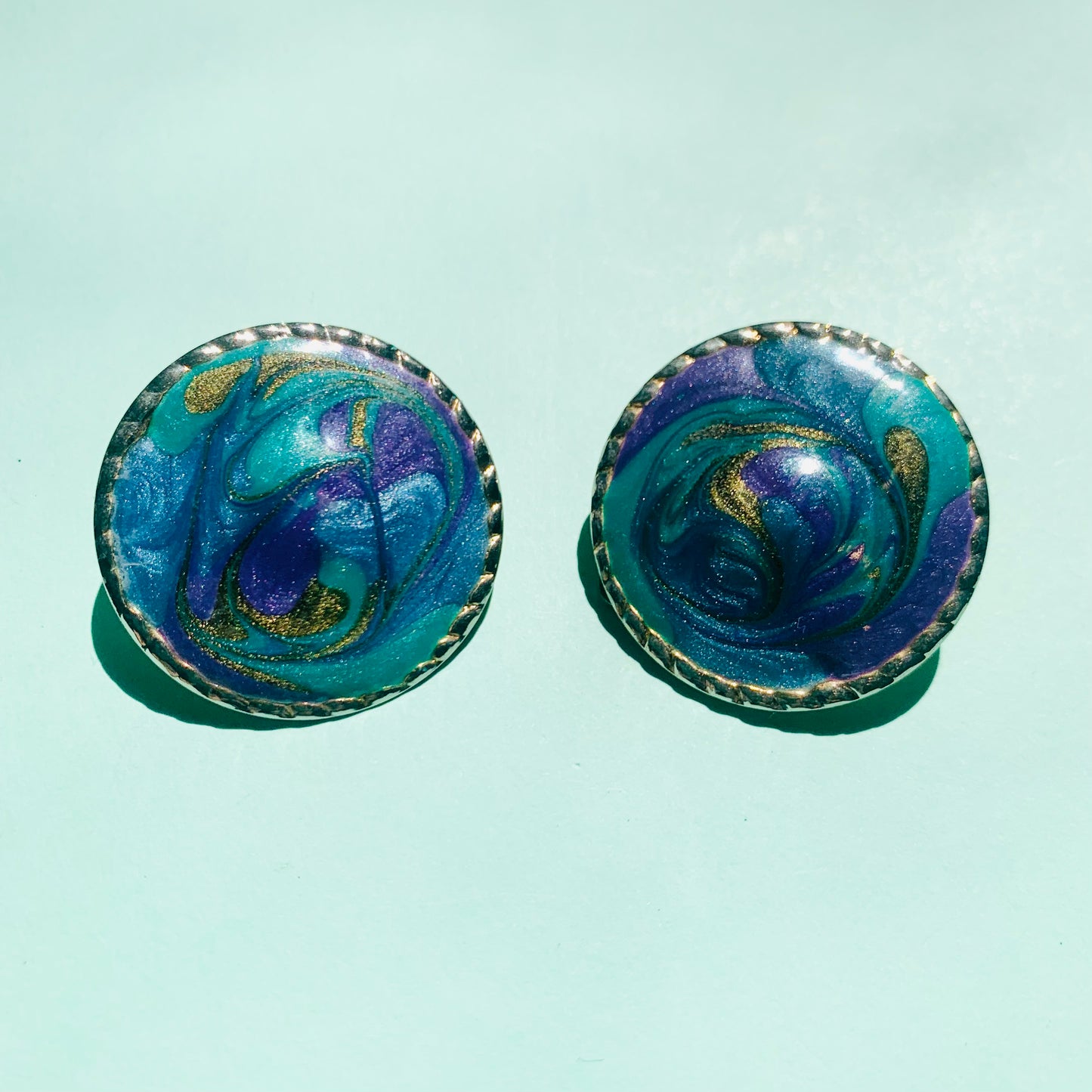 1960s Italian hand painted blue tie dye enamel button clip on earrings