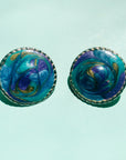 1960s Italian hand painted blue tie dye enamel button clip on earrings
