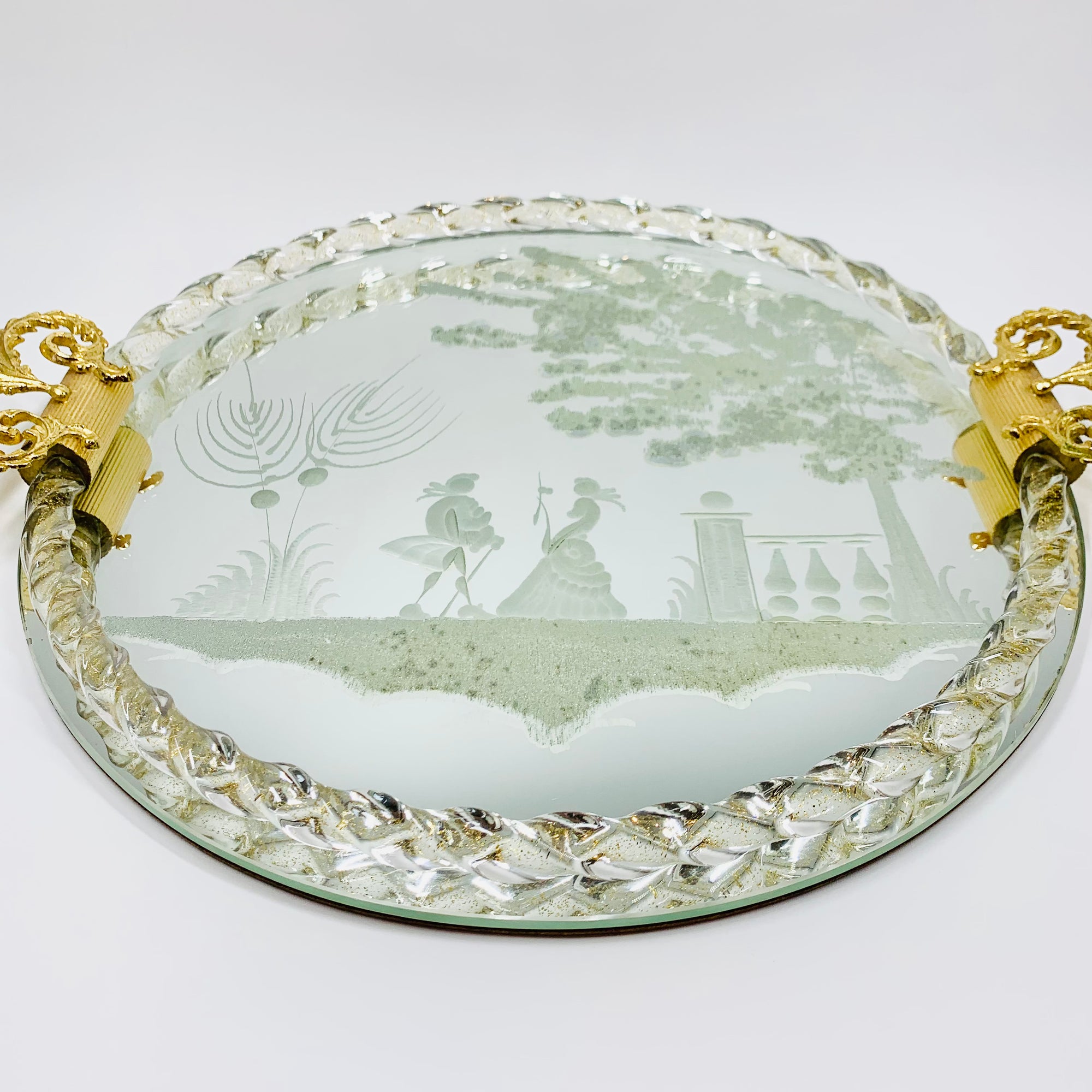1940s hand etched mirror tray with gold aventurine rope border