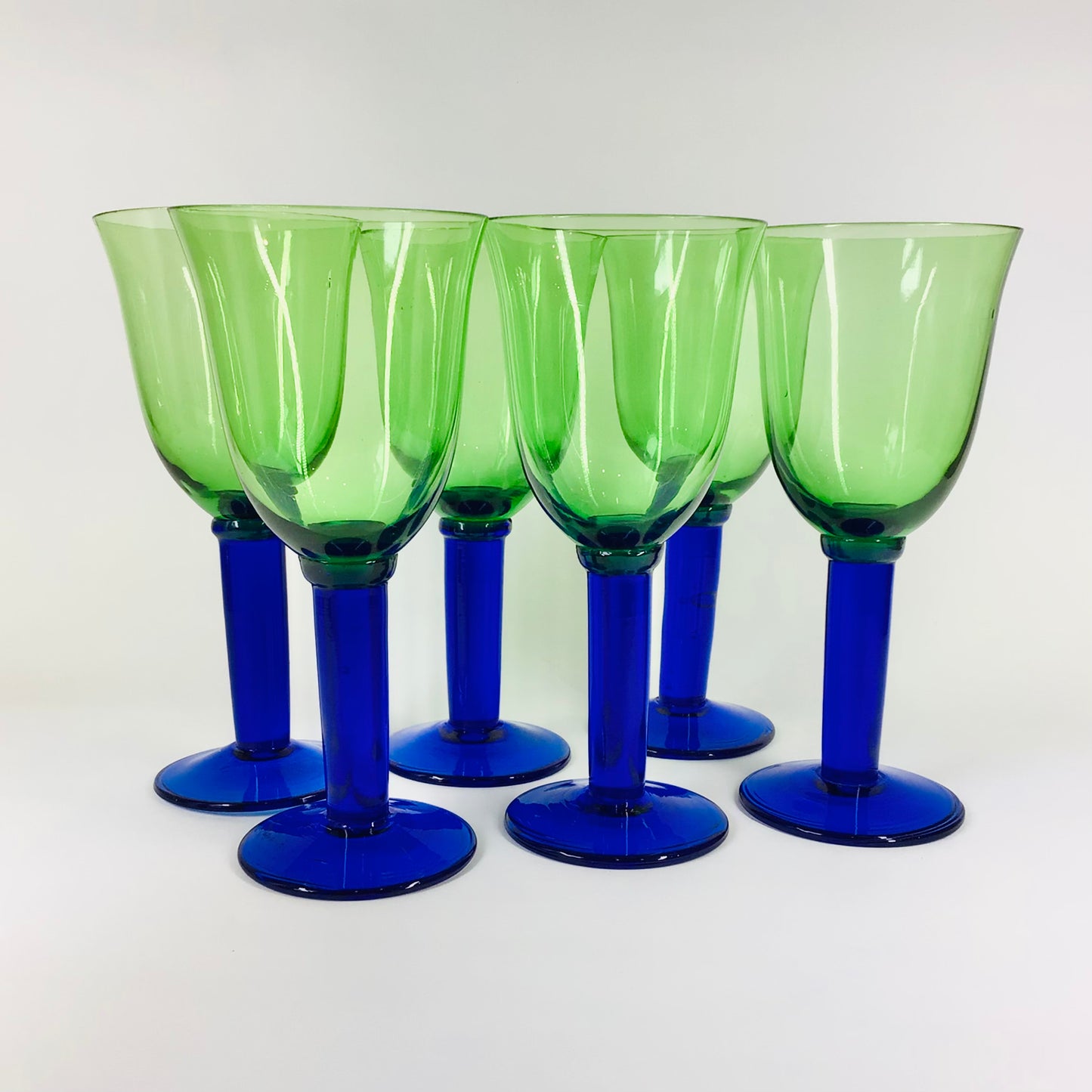 Midcentury green wine goblets with cobalt blue stem