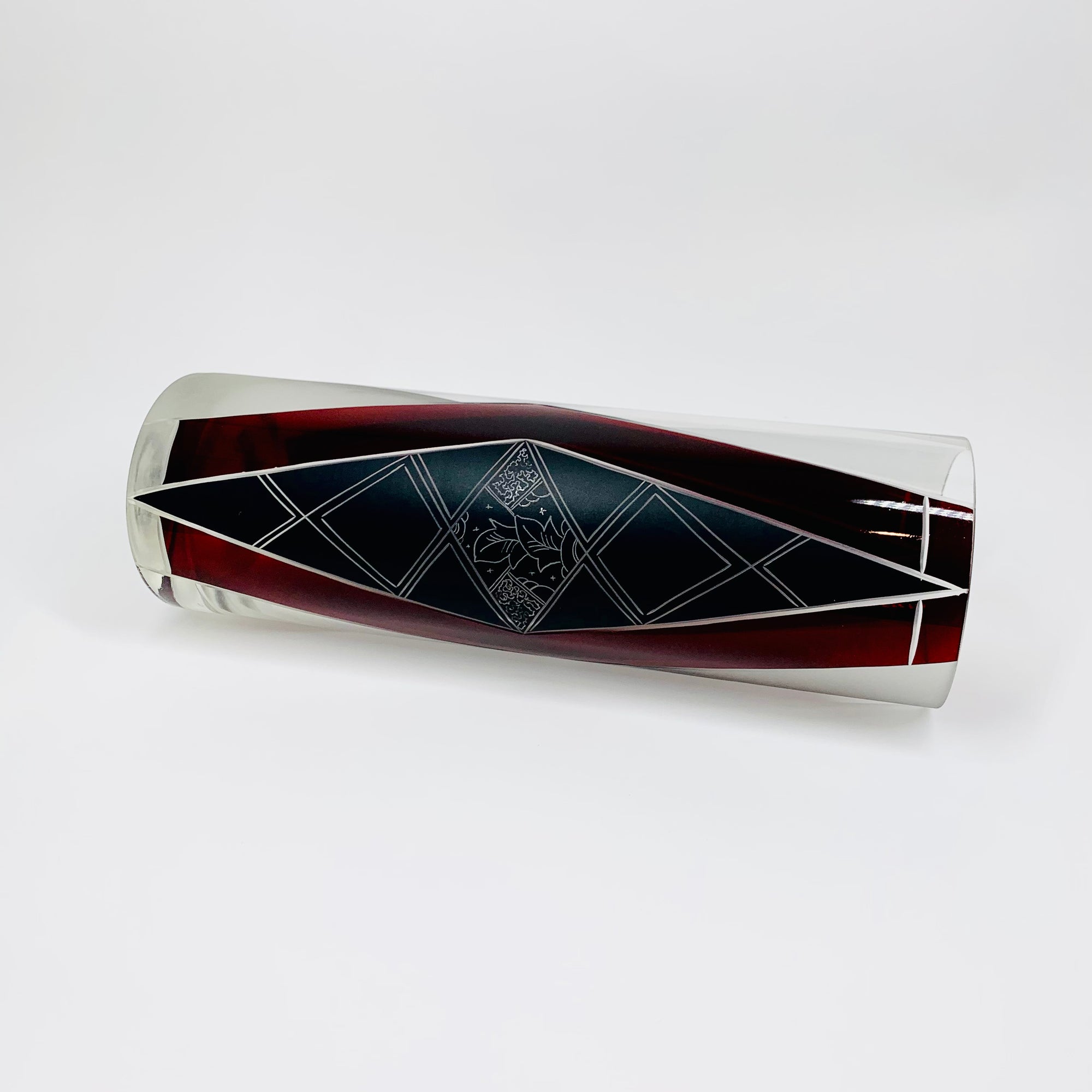 Extremely rare antique Art Deco part satin black and ruby enamel cylinder glass vase by Karl Palda