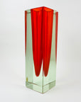 Large MCM red cased green Murano sommerso glass block vase by Mandruzatto