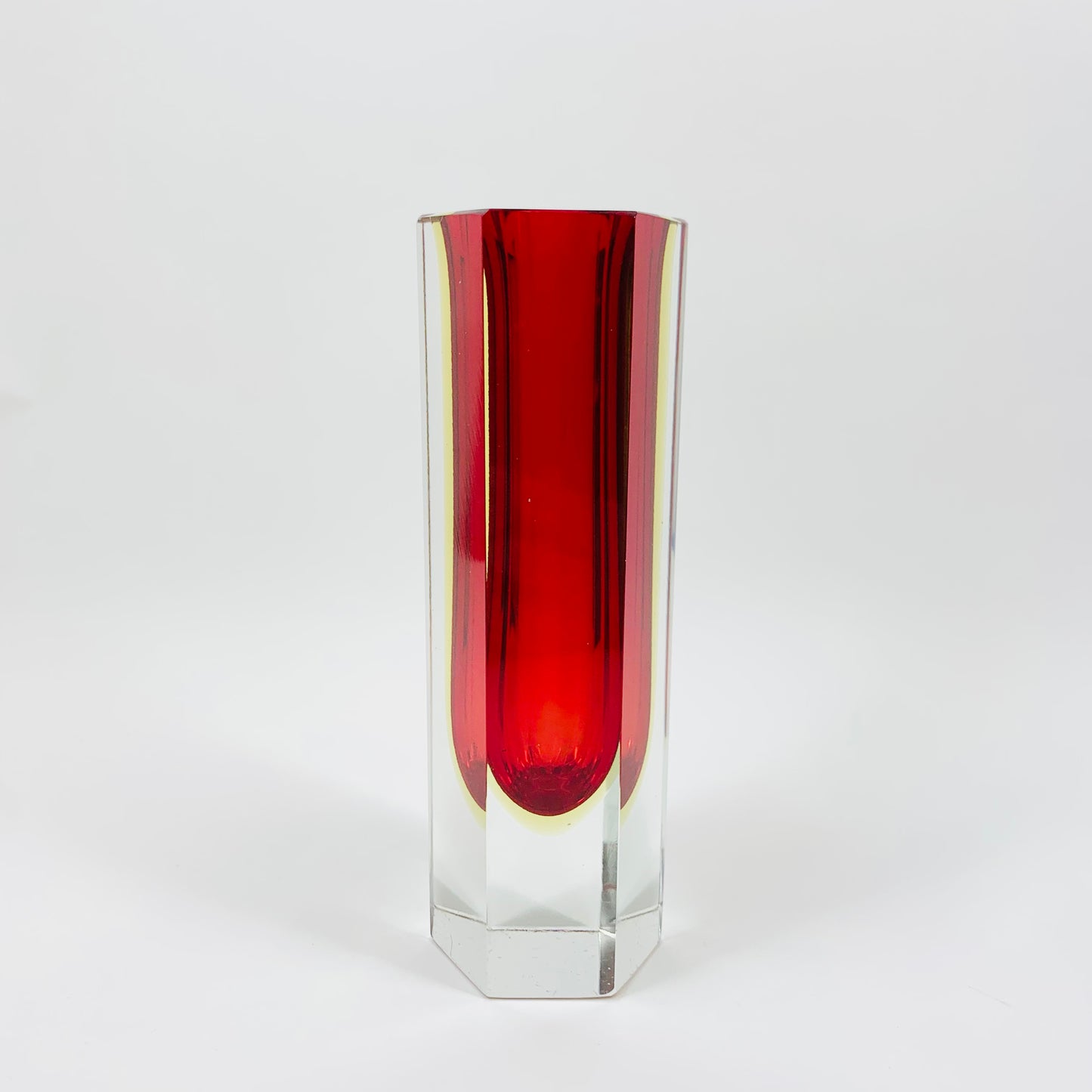 MCM red & gold Murano sommerso hexagon tube glass vase by Mandruzatto