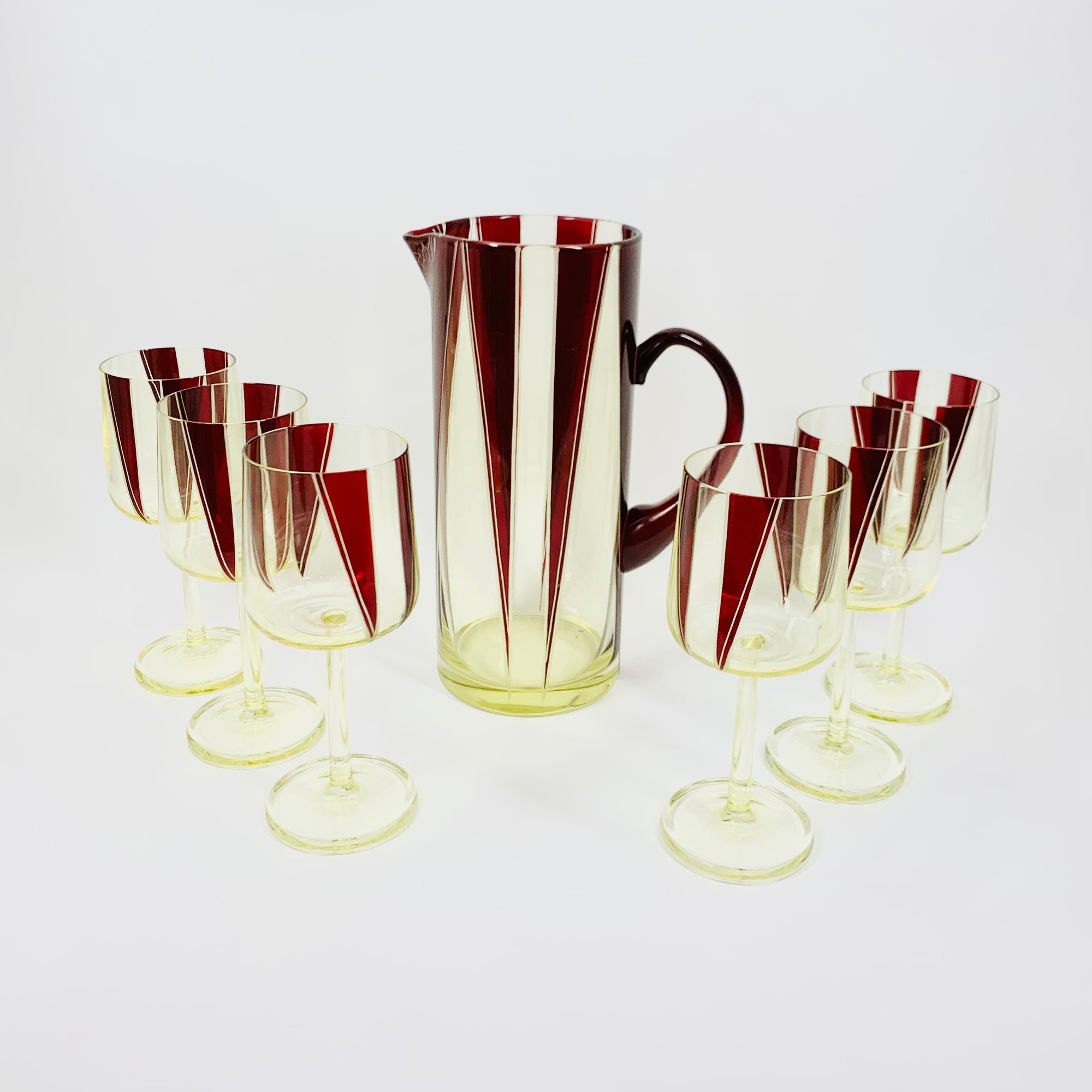 Extremely extremely rare antique Art Deco ruby enamel and citrine glass jug and matching wine glasses set by Karl Palda