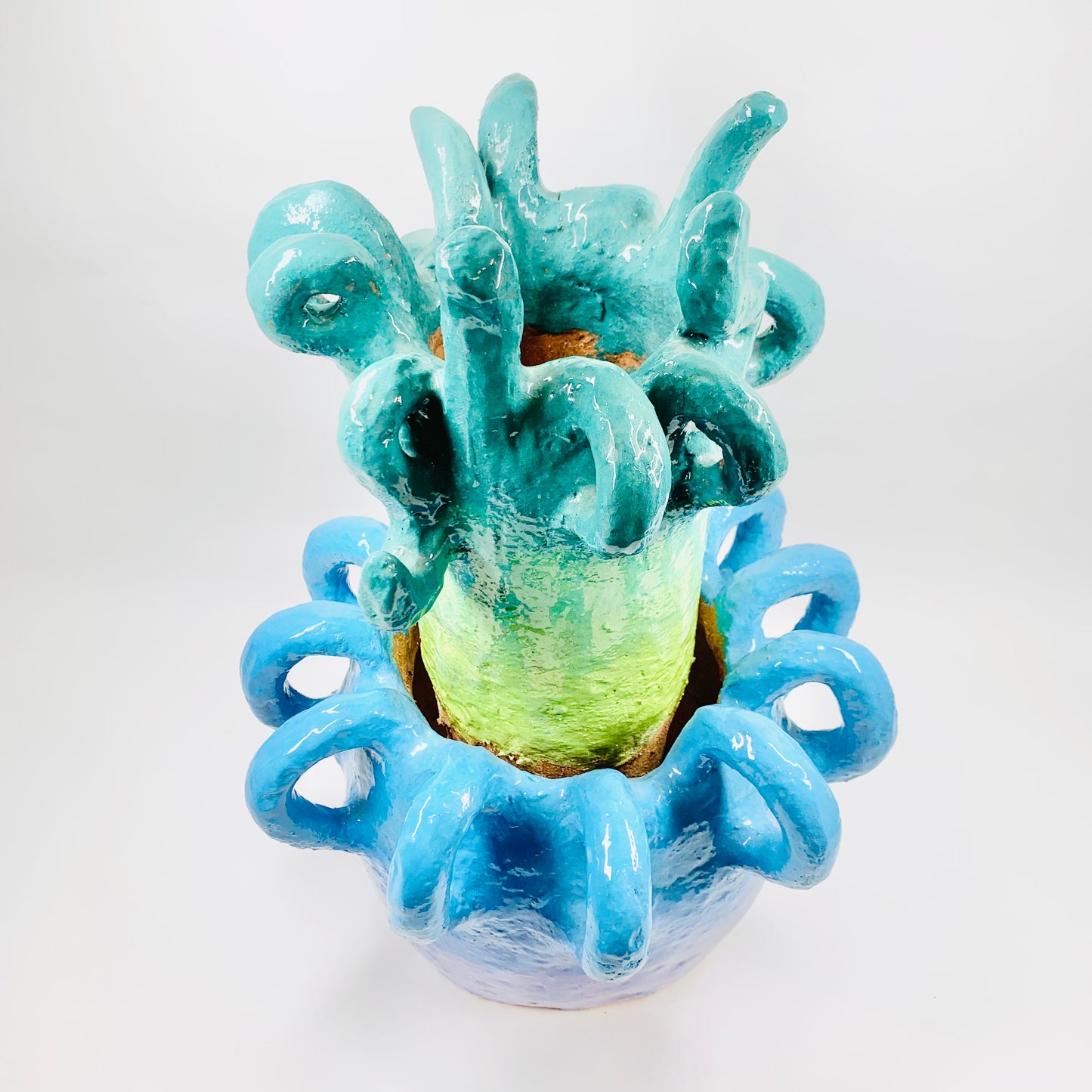 One off 1980s experimental studio abstract green blue pottery vase