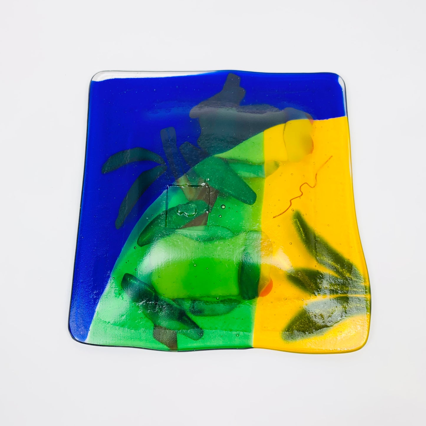 80s hand made frog scene art glass plate