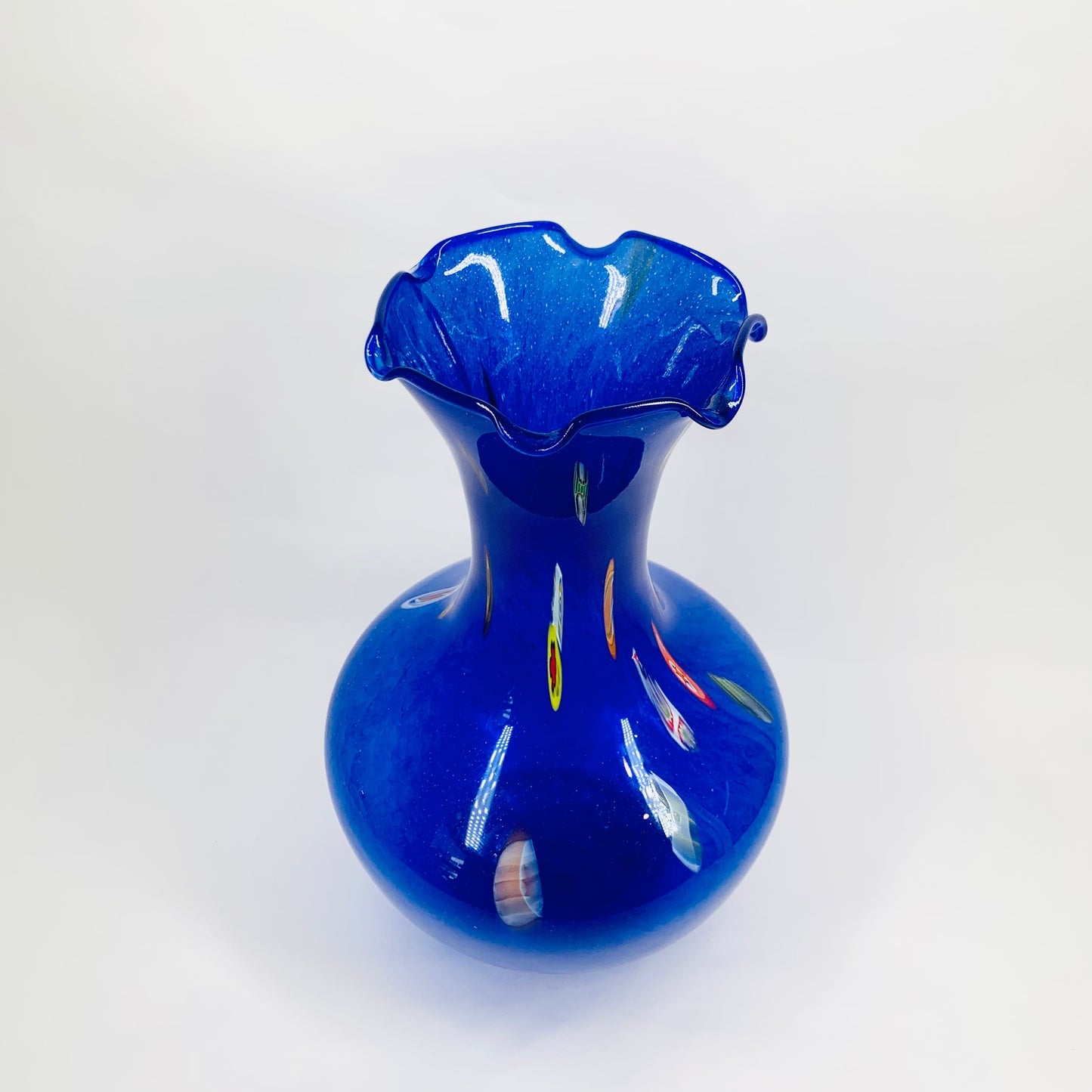 1980s hand made Murano blue art glass vase with millefiori and ruffle rim