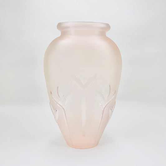 Stunning 1980s Art Deco revival hand made pink satin art glass vase