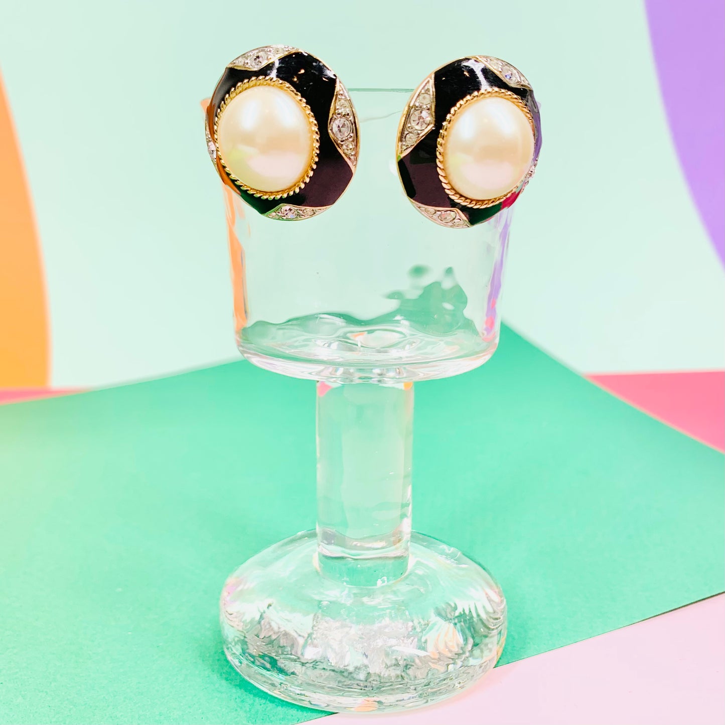 Extremely rare stunning 1960s gold plated clip on black enamel, pearl & clear rhinestones button earrings