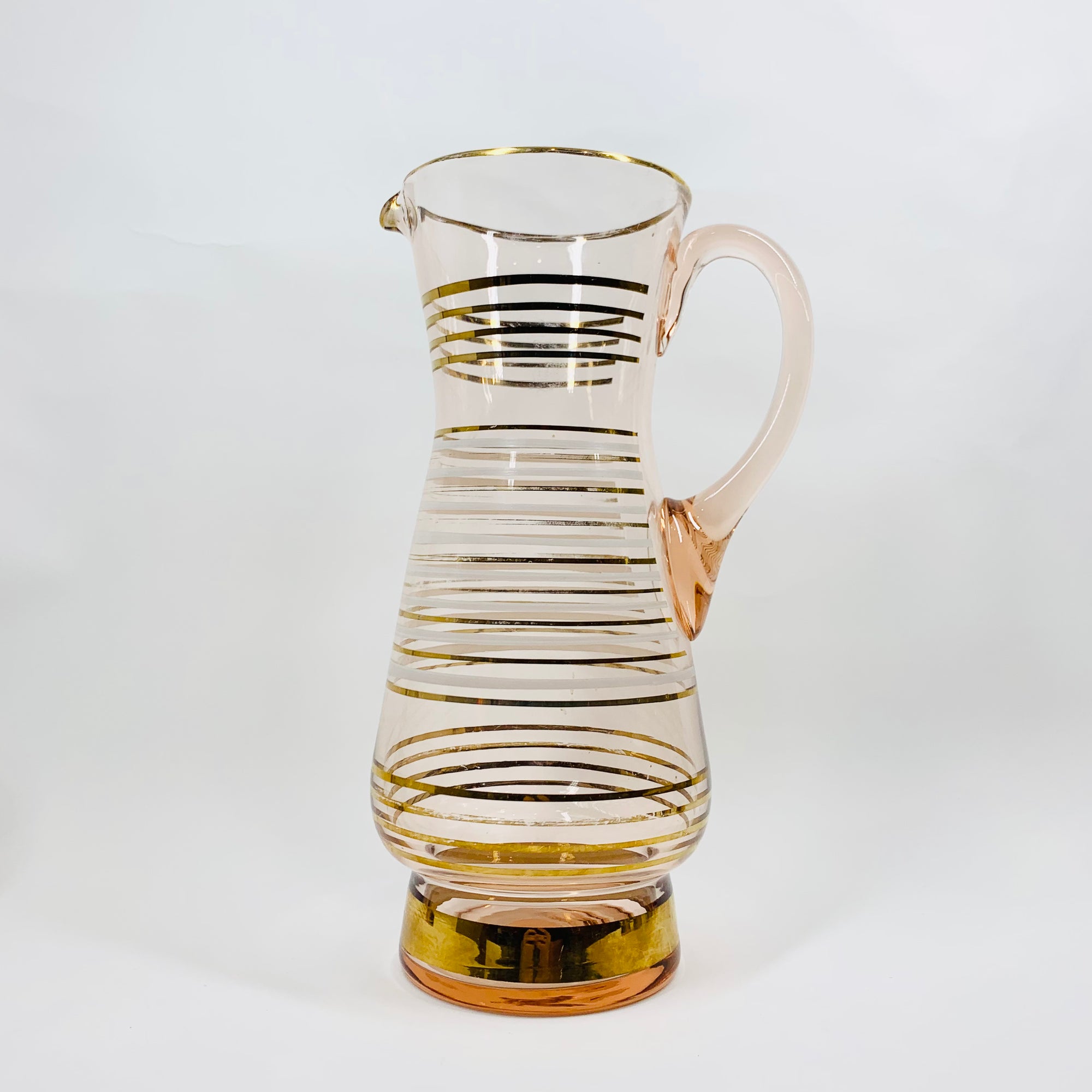 Midcentury complete set of pink glass with gold gilding jug and matching glasses