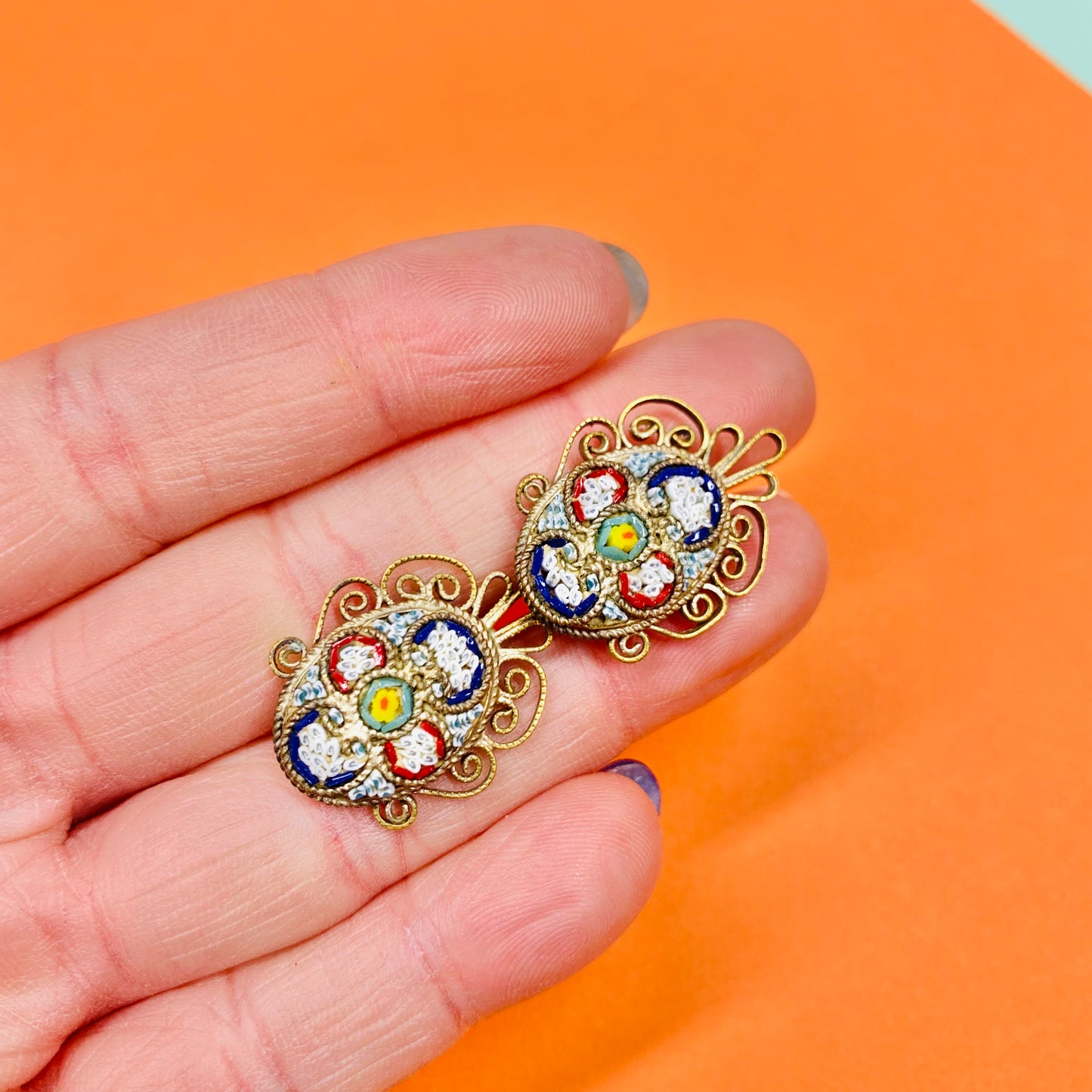 Extremely rare antique filigree brass earrings with millefiori glass