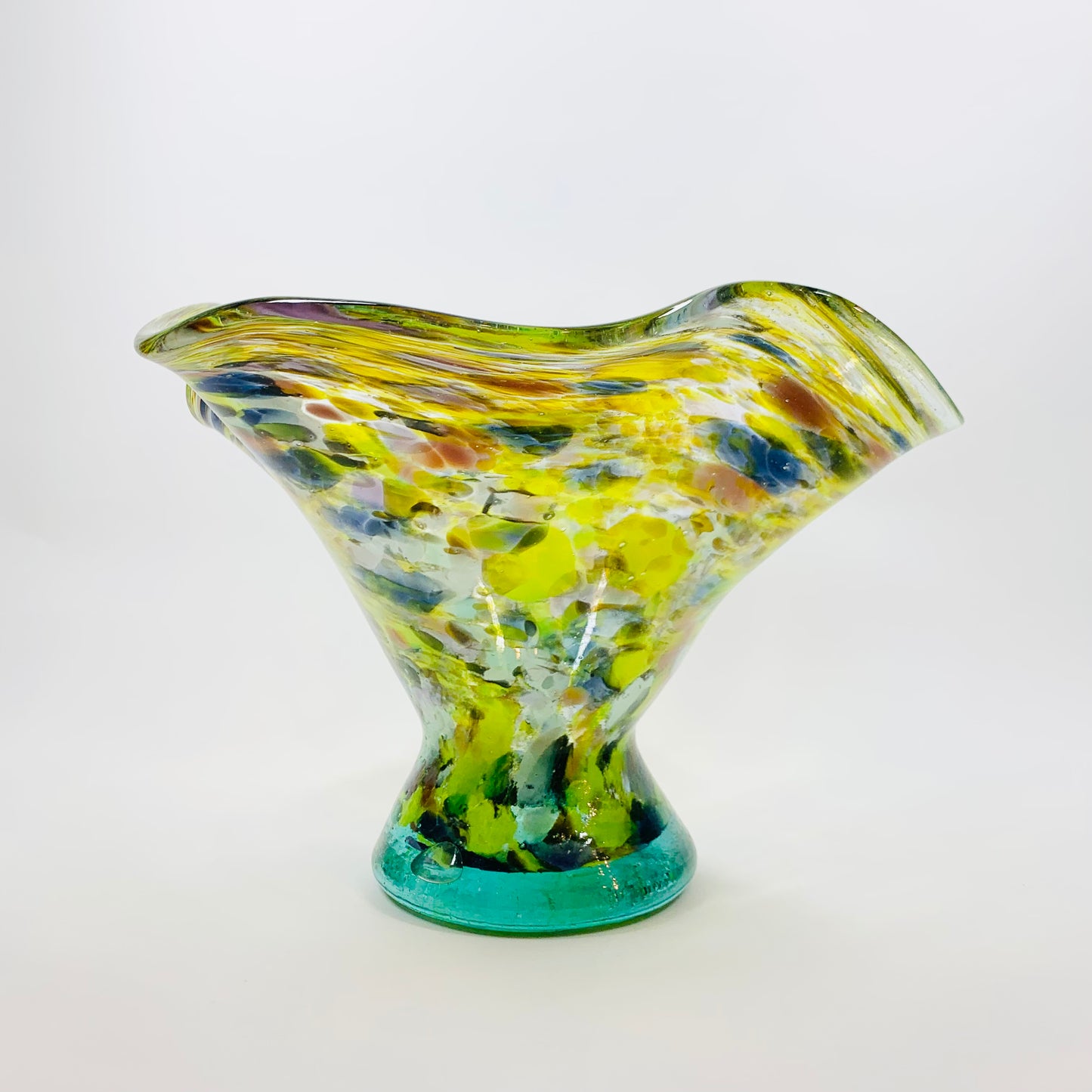 1980s Spanish recycled speckled harlequin glass handkerchief bowl