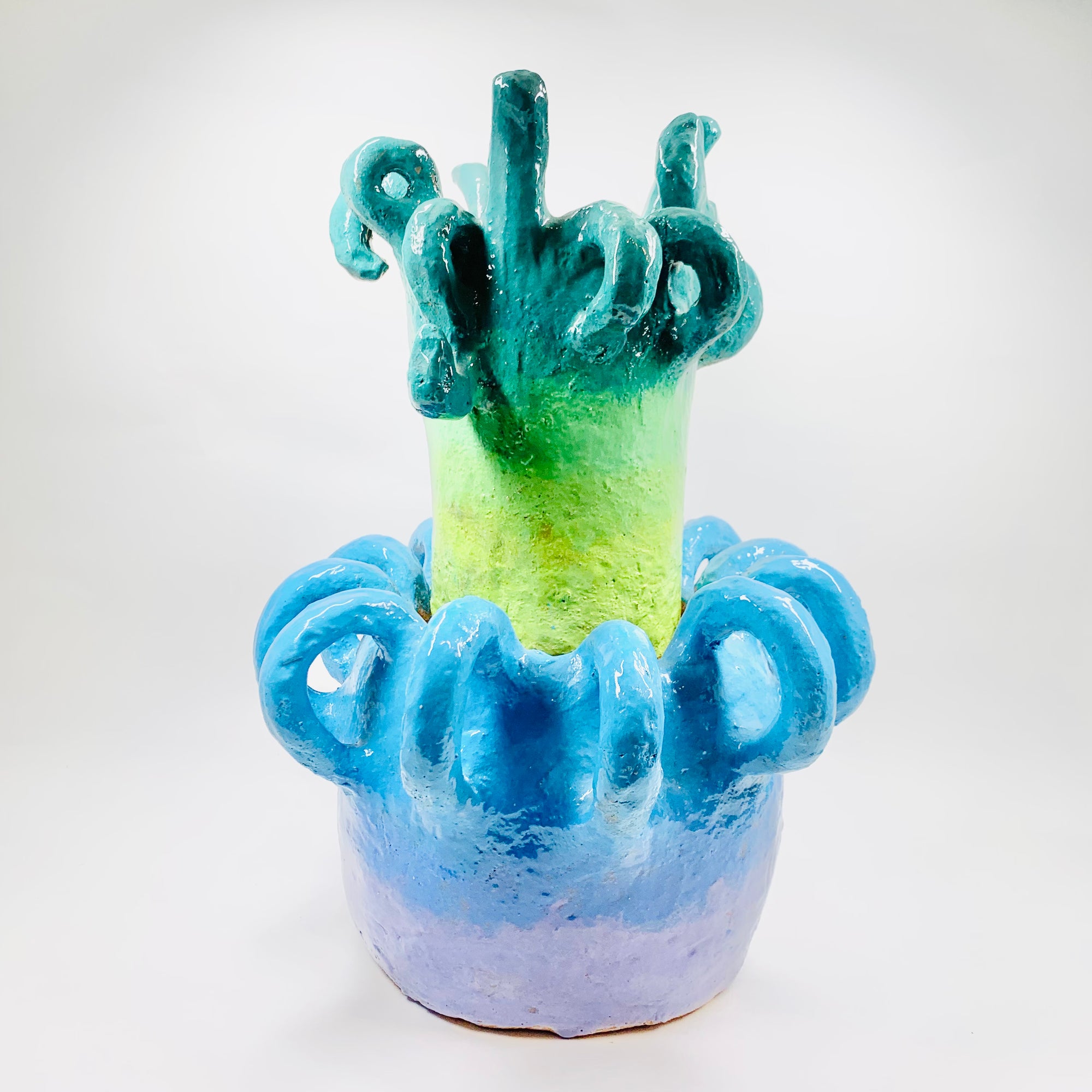 One off 1980s experimental studio abstract green blue pottery vase