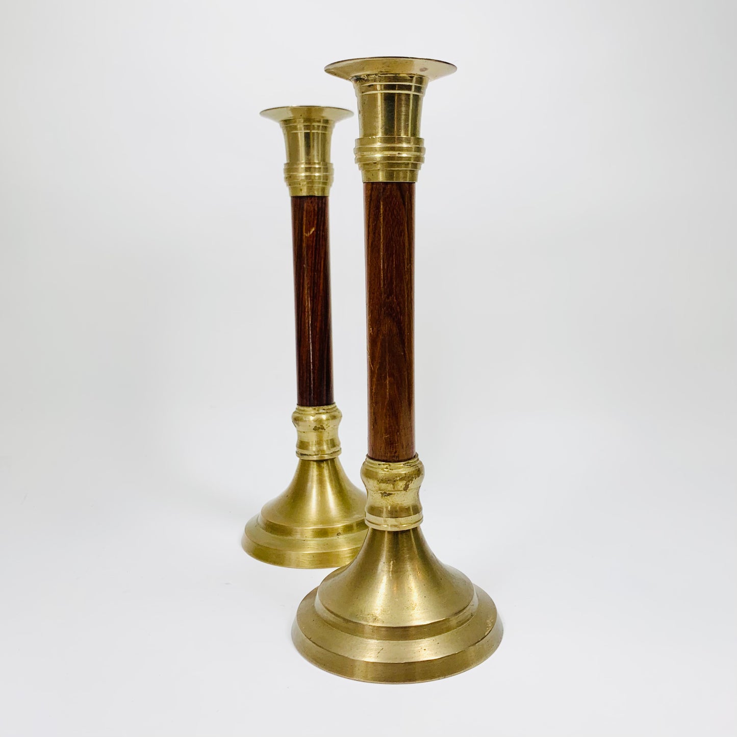 Vintage MCM wooden brass candle holders