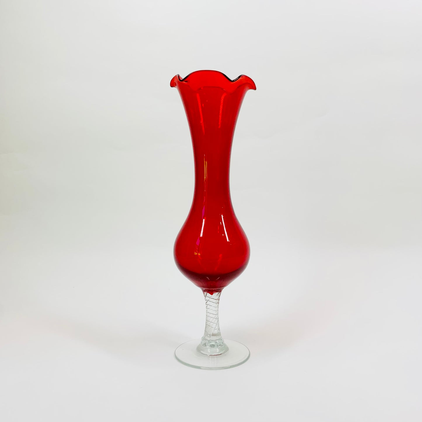 Midcentury Italian red glass footed bud vase with ruffle rim