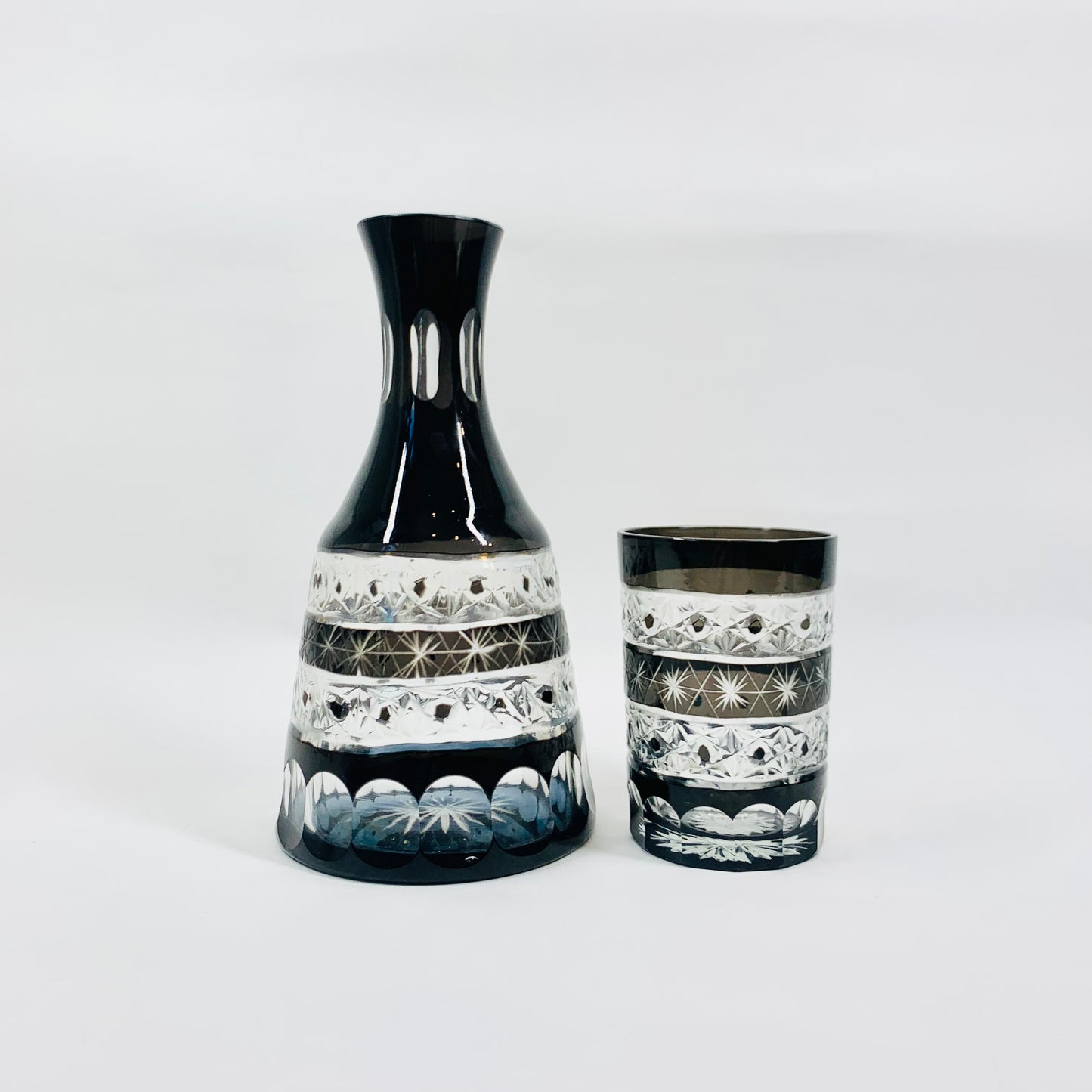 Antique Bohemian cameo hand etched glass carafe set