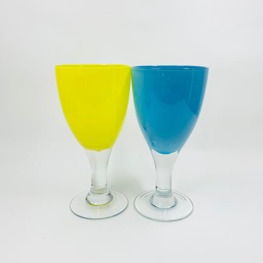 1980s Memphis blue and yellow cased glass wine goblets