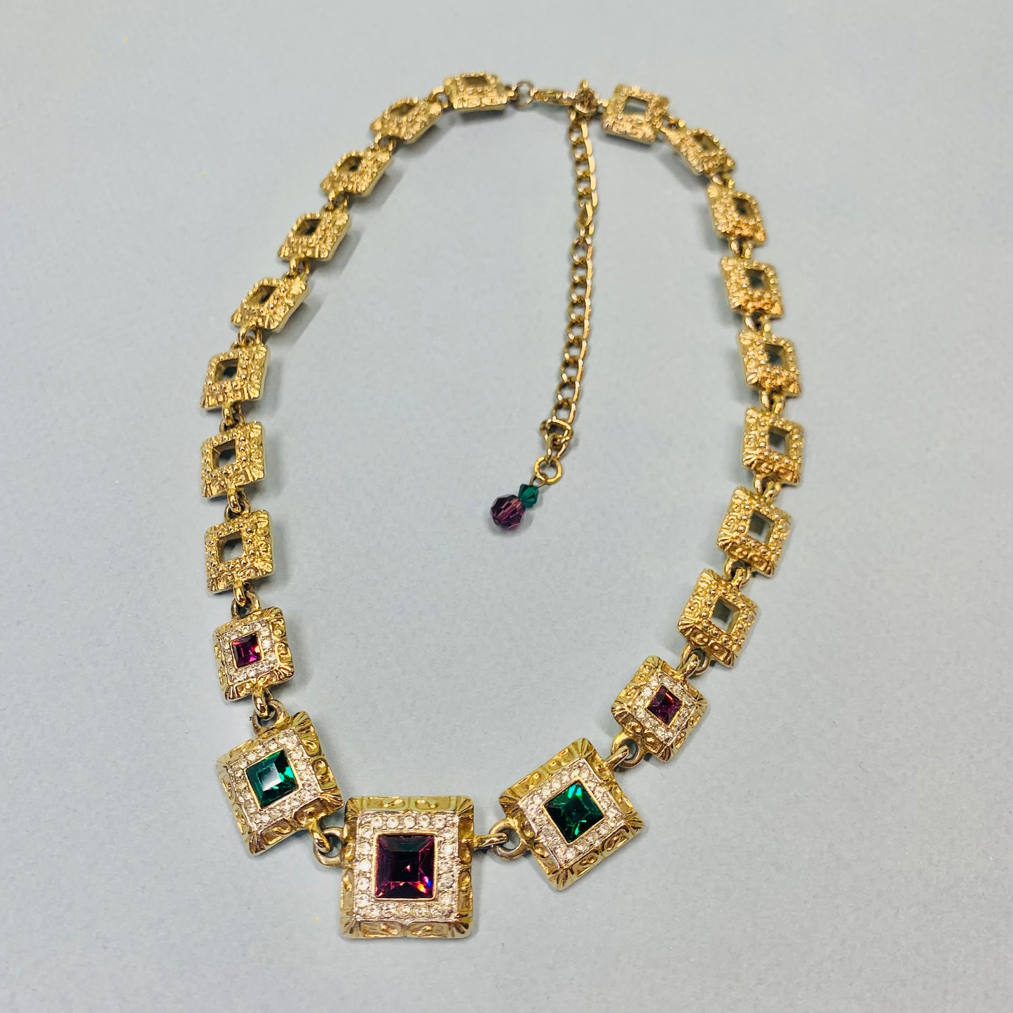 Extremely rare 1950s gold plated colour gem necklace in the tutti fruitti style