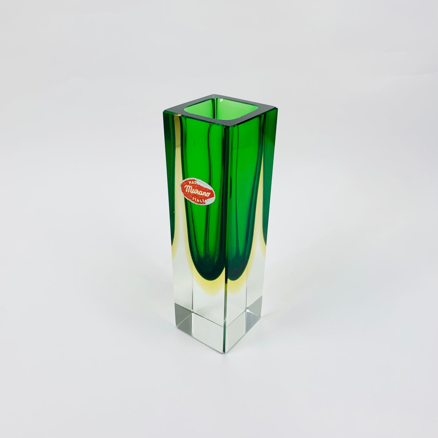 MCM green & yellow Murano sommerso glass block vase by Mandruzatto