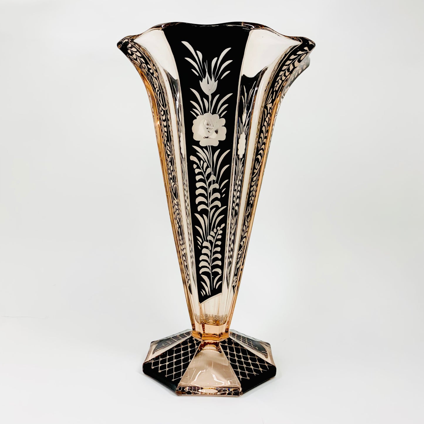Antique Art Nouveau pink and black enamel glass vase by Karl Palda