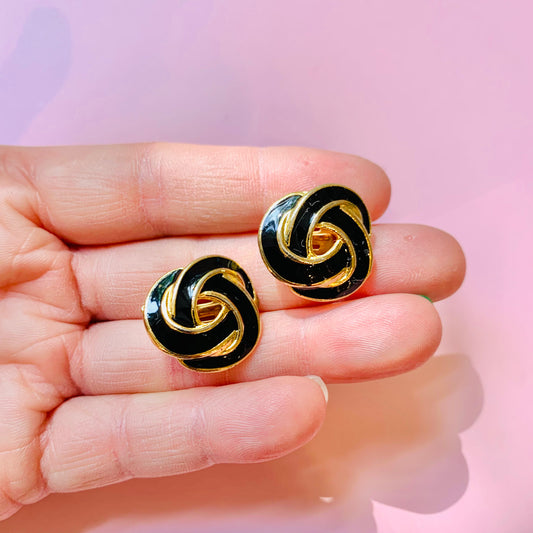 1960s Trifari gold plated black enamel knot button clip on earrings