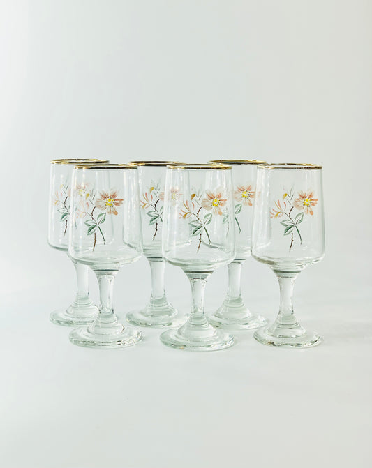 Midcentury laminated floral pattern liqueur glasses