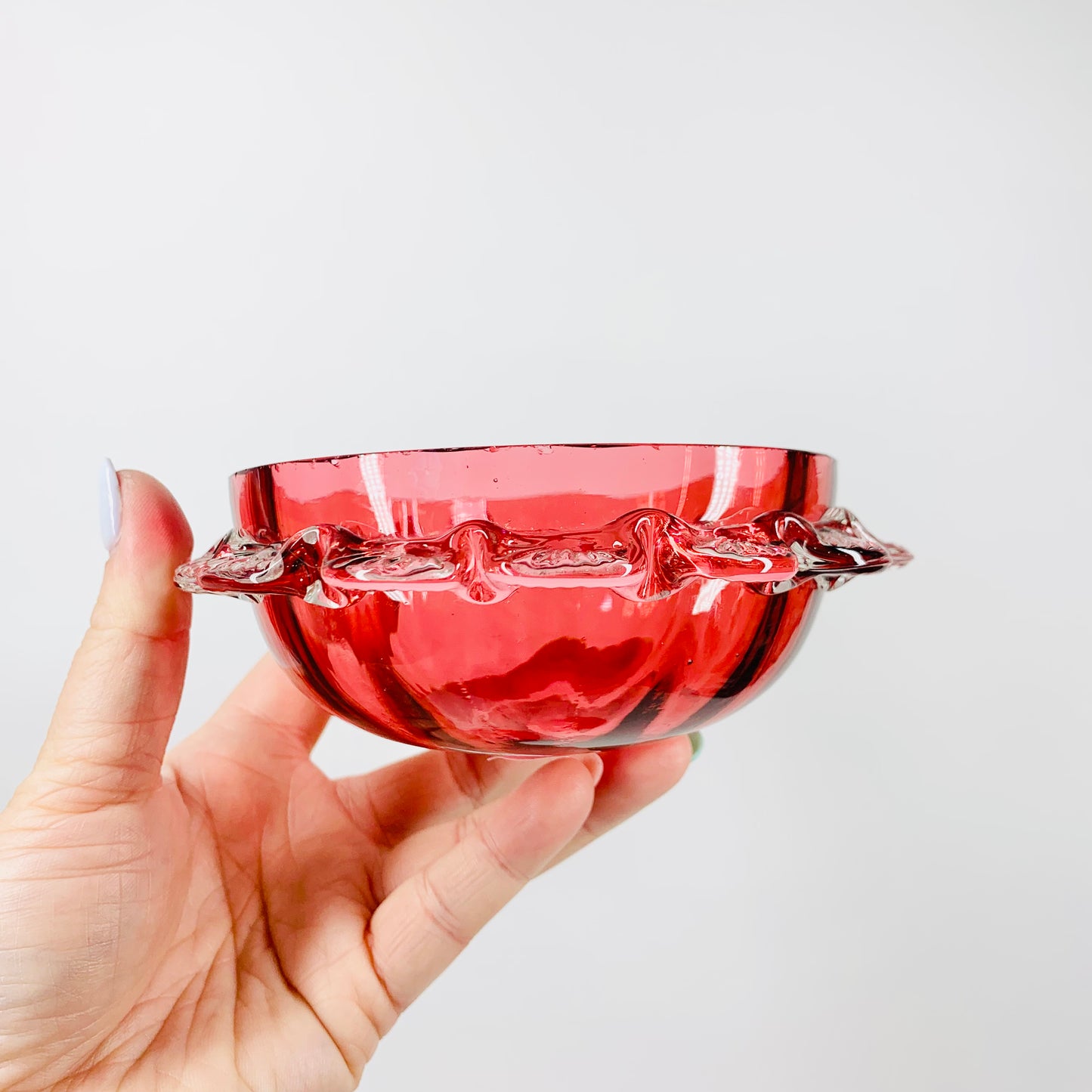 Extremely rare antique Victorian cranberry glass small bowl with clear ruffle rim