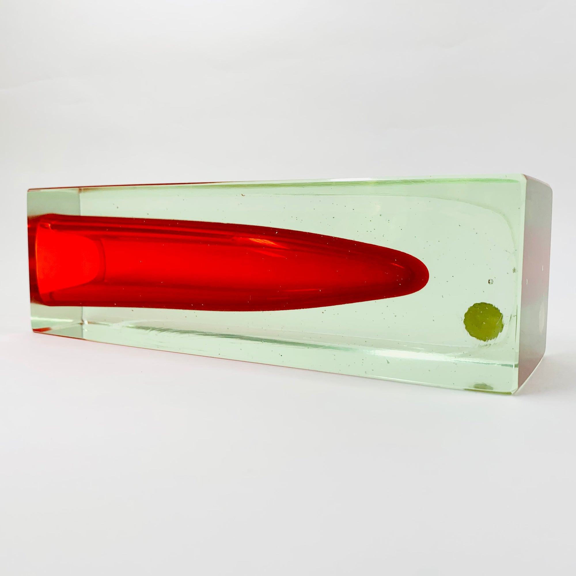 Large MCM red cased green Murano sommerso glass block vase by Mandruzatto