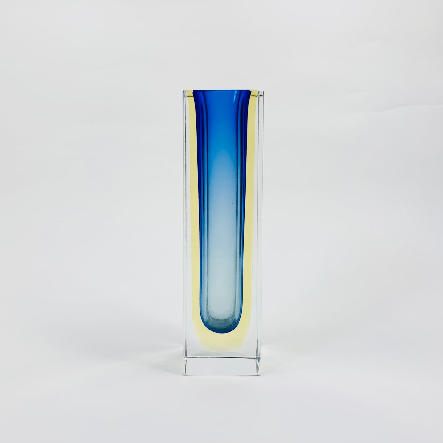 MCM blue gradient & yellow Murano sommerso glass block vase by Mandruzatto