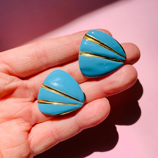 1970s Trifari gold plated turquoise enamel shell clip on earrings