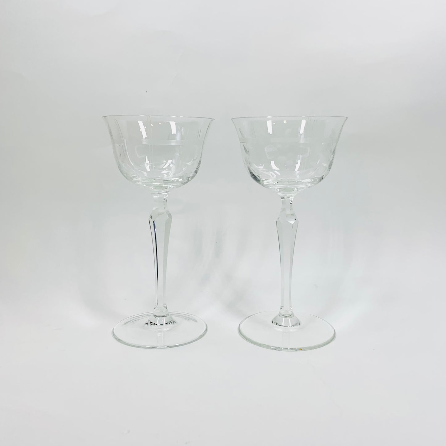 1940s hand made hand etched long stem cocktail glasses
