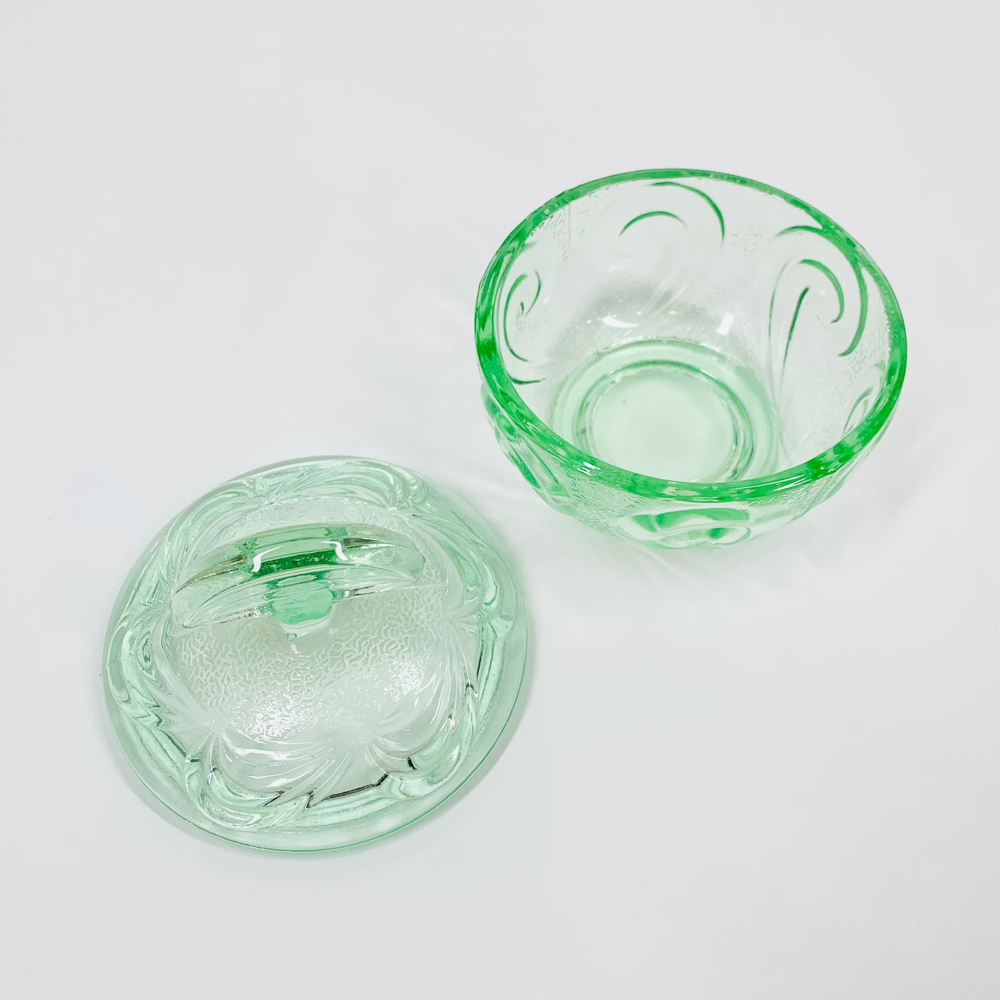 Rare antique Art Deco green Depression pressed glass lidded jar