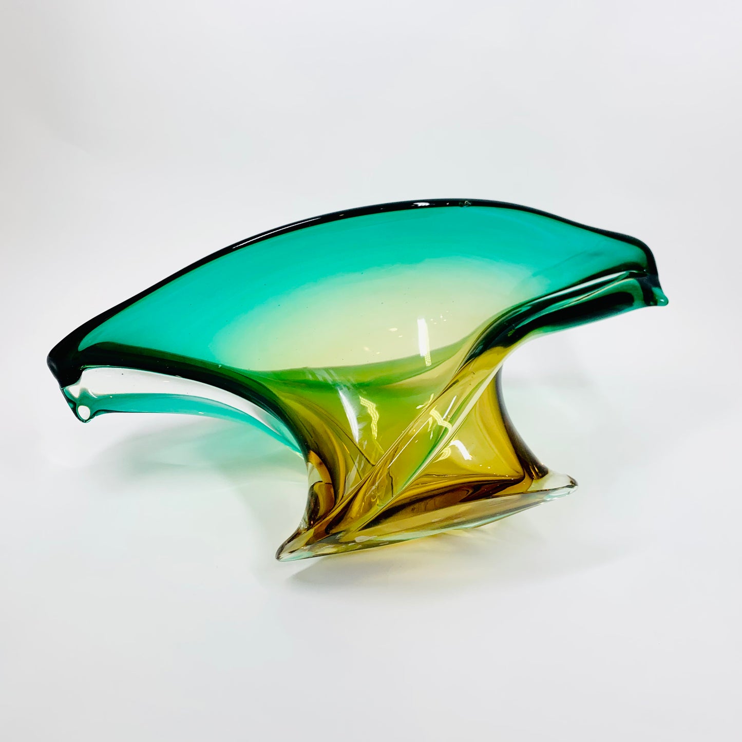 Large Midcentury Murano green and gold sommerso glass bowl