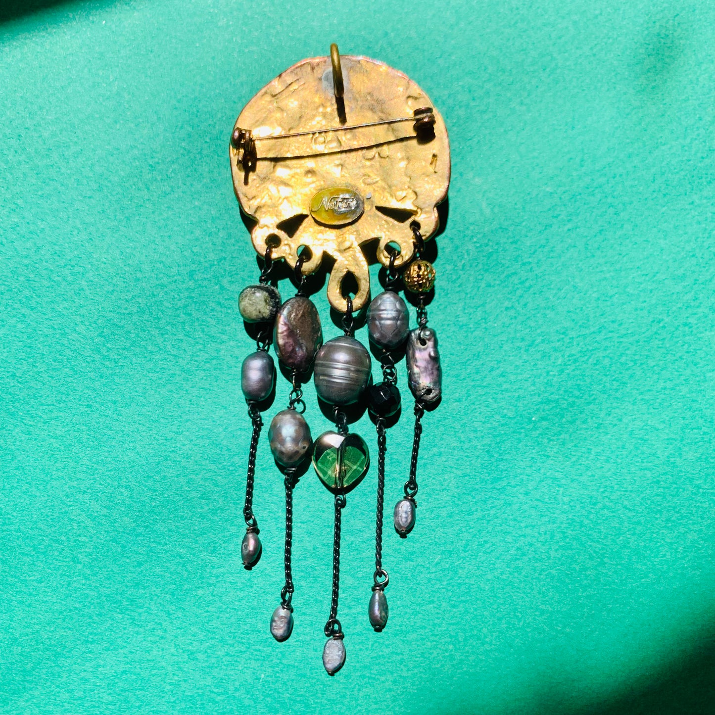 Extremely rare 1980s Nature Bijoux hand made metal enamel jelly fish brooch with pearls