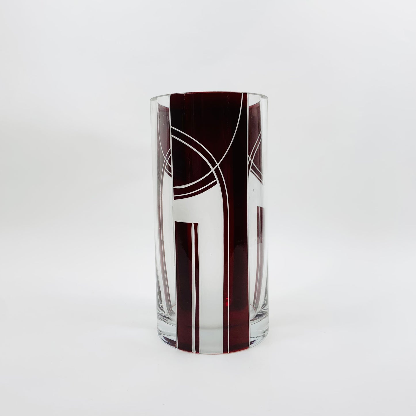 Antique Art Deco part satin ruby enamel cylinder glass vase by Karl Palda